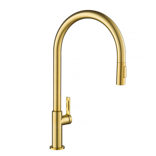KRAUS Oletto High-Arc Single Handle Pull-Down Kitchen Faucet in Brushed Brass - KPF-2821BB