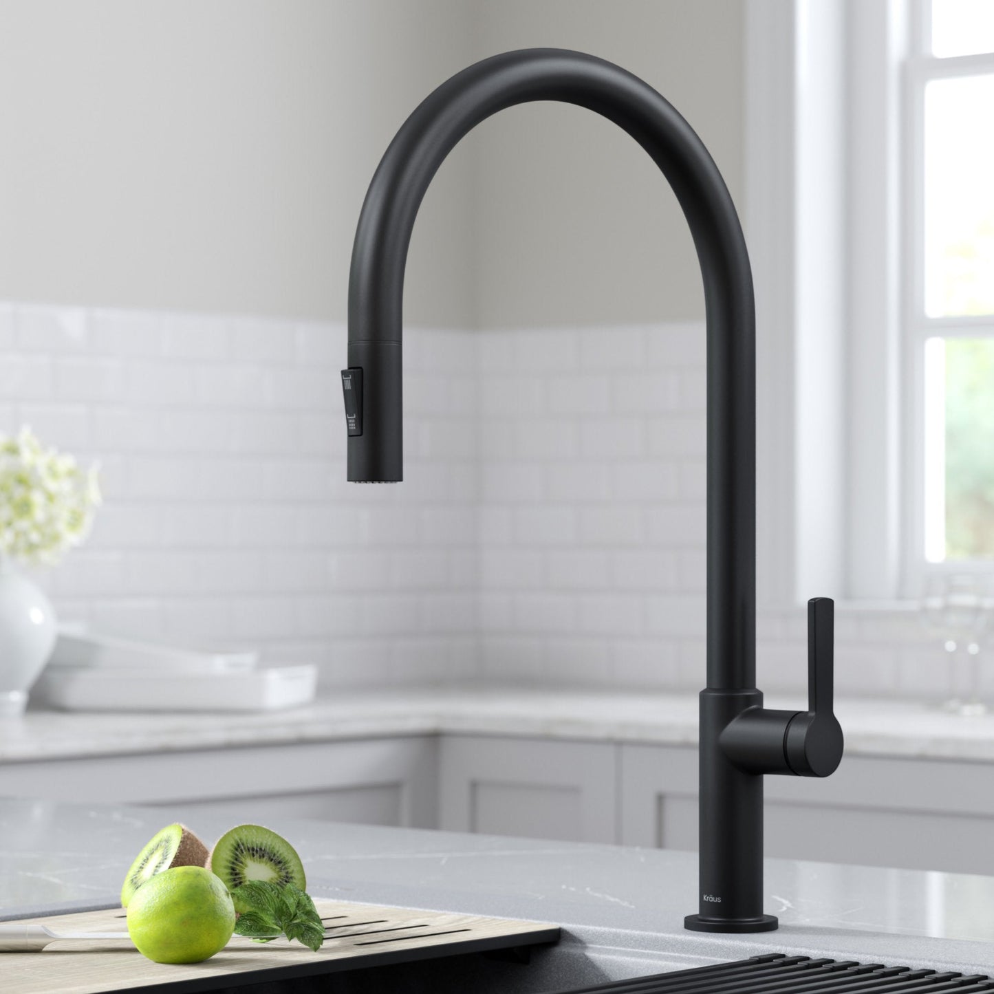 KRAUS Oletto High-Arc Single Handle Pull-Down Kitchen Faucet in Matte Black - KPF-2821MB