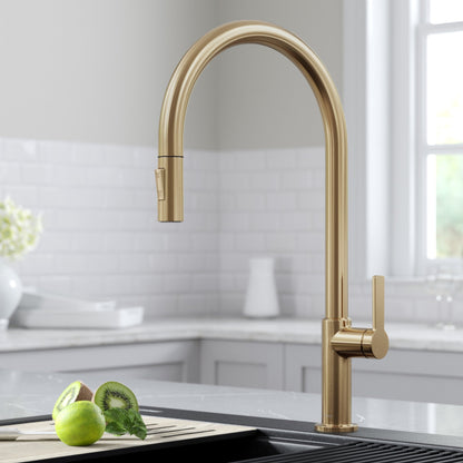 KRAUS Oletto High-Arc Single Handle Pull-Down Kitchen Faucet in Spot Free Antique Champagne Bronze - KPF-2821SFACB