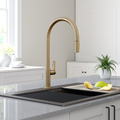 KRAUS Oletto High-Arc Single Handle Pull-Down Kitchen Faucet in Spot Free Antique Champagne Bronze - KPF-2821SFACB