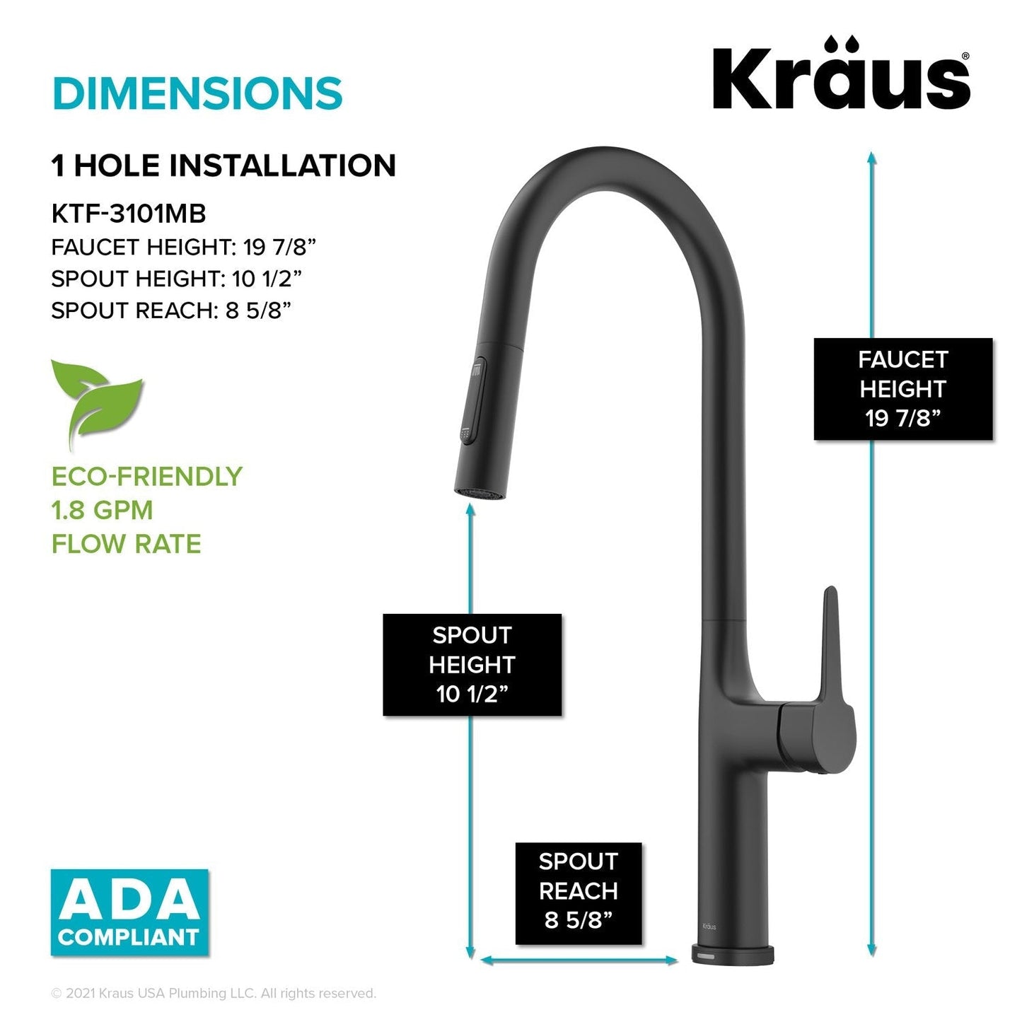 KRAUS Oletto Tall Modern Single-Handle Touch Activated with Pull Down Sprayer in Matte Black - KTF-3101MB