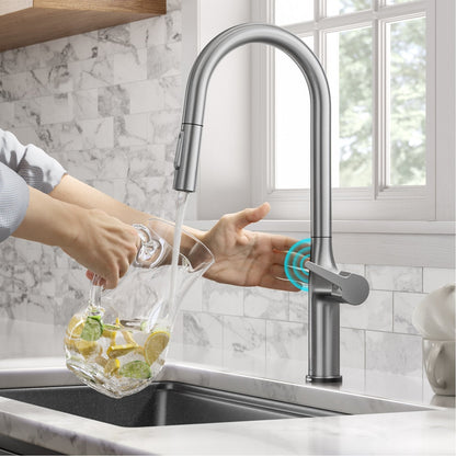 KRAUS Oletto Tall Modern Single-Handle Touch Activated with Pull Down Sprayer in Spot Free Stainless Steel - KTF-3101SFS