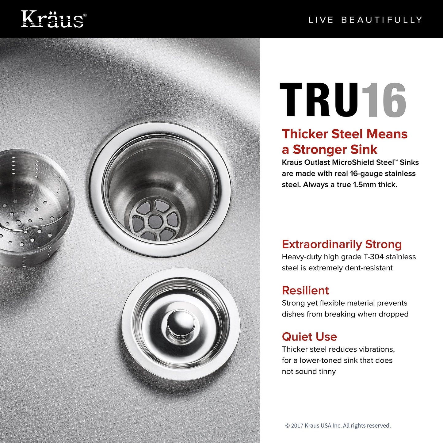 KRAUS Outlast MicroShield 16 Gauge Stainless Steel Undermount Kitchen Sink - KBU14E