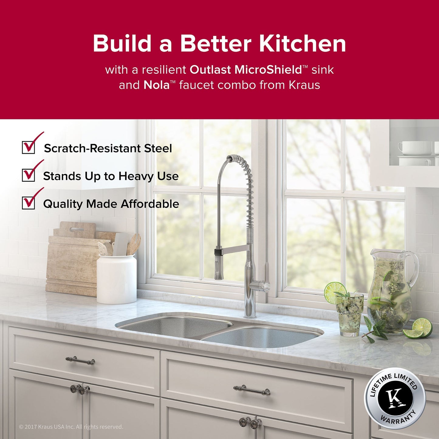 KRAUS Outlast MicroShield Scratch-Resist Stainless Steel Undermount 50/50 Double Bowl Sink, 32" 16 Gauge, Premier Series - KBU22E