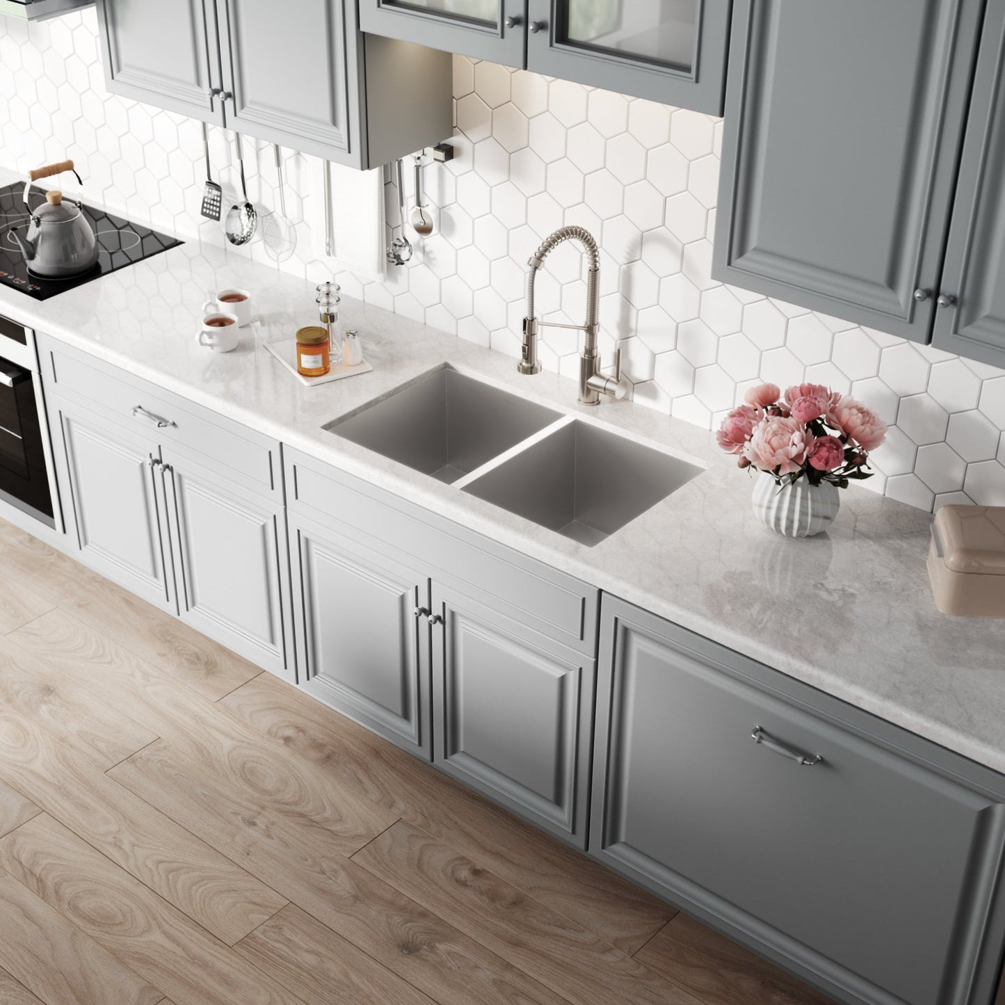 KRAUS Pax Zero-Radius 31.5" Handmade Undermount 50/50 Double Bowl 16 Gauge Stainless Steel Kitchen Sink with NoiseDefend Soundproofing - KHU322