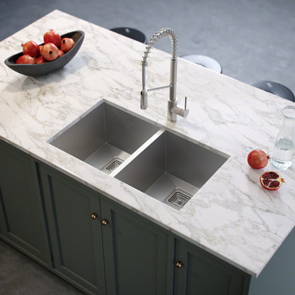 KRAUS Pax Zero-Radius 31.5" Handmade Undermount 50/50 Double Bowl 16 Gauge Stainless Steel Kitchen Sink with NoiseDefend Soundproofing - KHU322