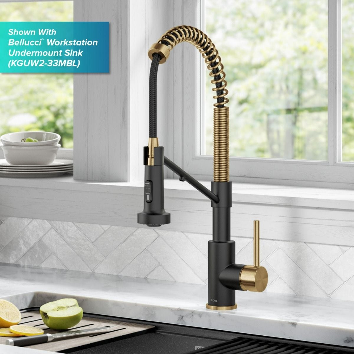 KRAUS Single Handle Kitchen Faucet with Integrated Dispenser for Water Filtration in Brushed Brass & Matte Black - KFF-1610BBMB