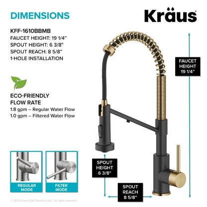 KRAUS Single Handle Kitchen Faucet with Integrated Dispenser for Water Filtration in Brushed Brass & Matte Black - KFF-1610BBMB