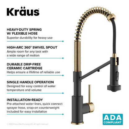 KRAUS Single Handle Kitchen Faucet with Integrated Dispenser for Water Filtration in Brushed Brass & Matte Black - KFF-1610BBMB