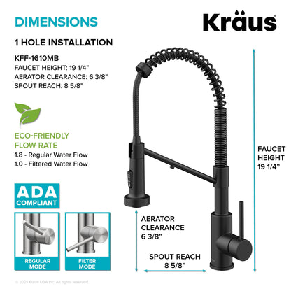 KRAUS Single Handle Kitchen Faucet with Integrated Dispenser for Water Filtration in Matte Black - KFF-1610MB