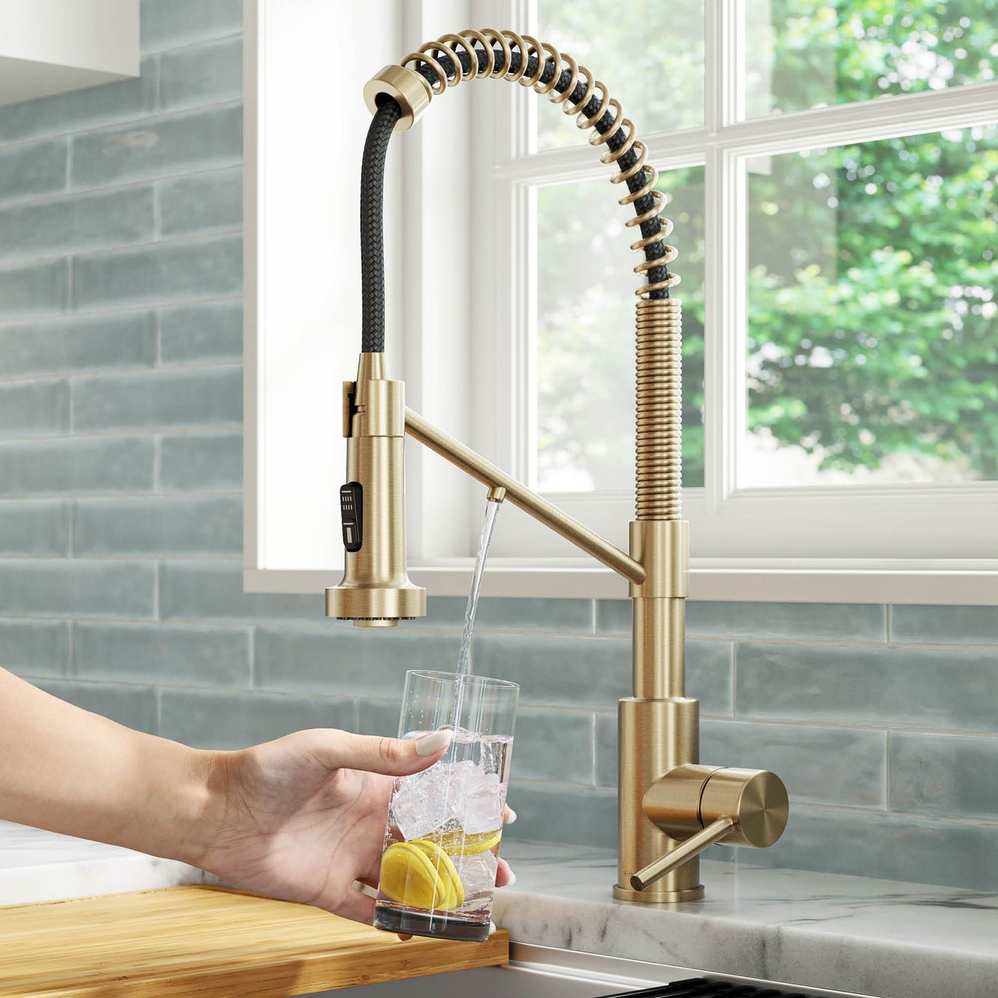 KRAUS Single Handle Kitchen Faucet with Integrated Dispenser for Water Filtration in Spot Free Antique Champagne Bronze - KFF-1610SFACB