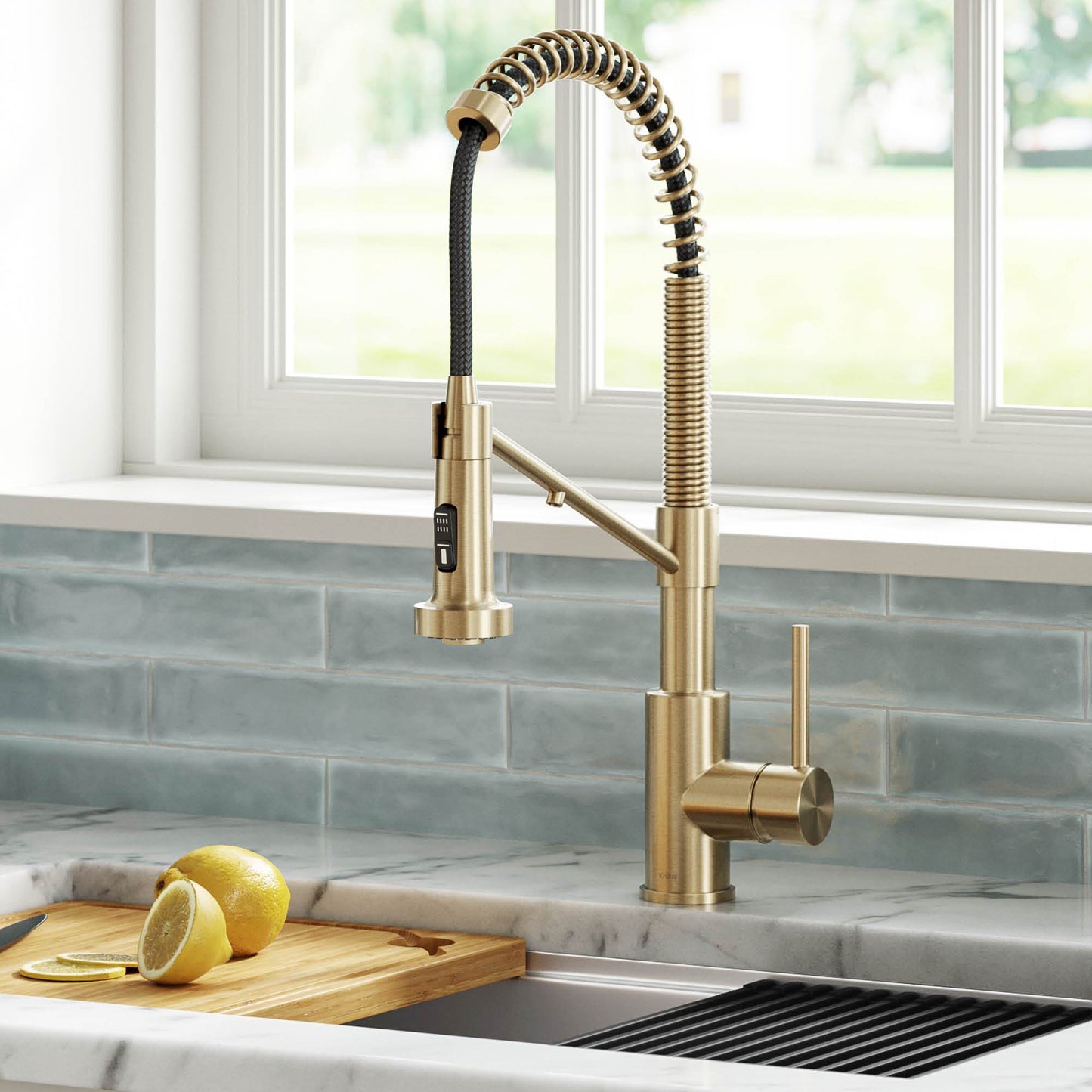 KRAUS Single Handle Kitchen Faucet with Integrated Dispenser for Water Filtration in Spot Free Antique Champagne Bronze - KFF-1610SFACB