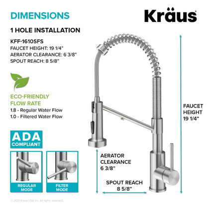 KRAUS Single Handle Kitchen Faucet with Integrated Dispenser for Water Filtration in Spot Free Stainless Steel - KFF-1610SFS