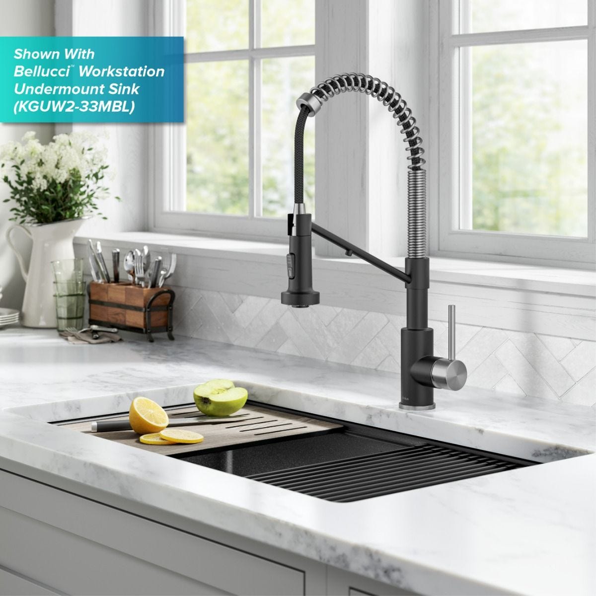 KRAUS Single Handle Kitchen Faucet with Integrated Dispenser for Water Filtration in Spot-Free Stainless Steel & Matte Black