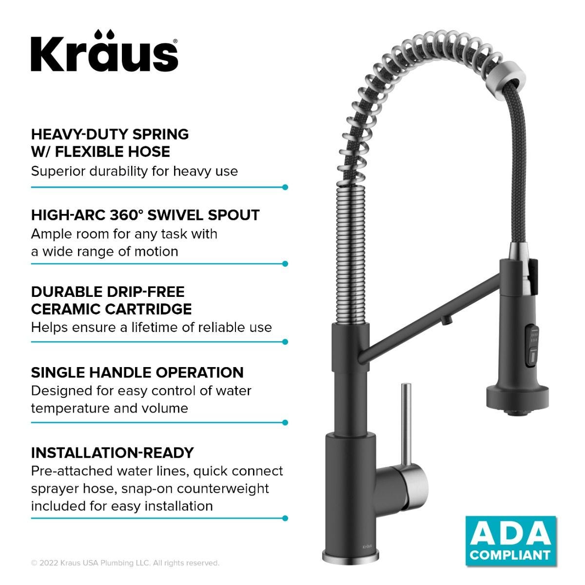 KRAUS Single Handle Kitchen Faucet with Integrated Dispenser for Water Filtration in Spot-Free Stainless Steel & Matte Black