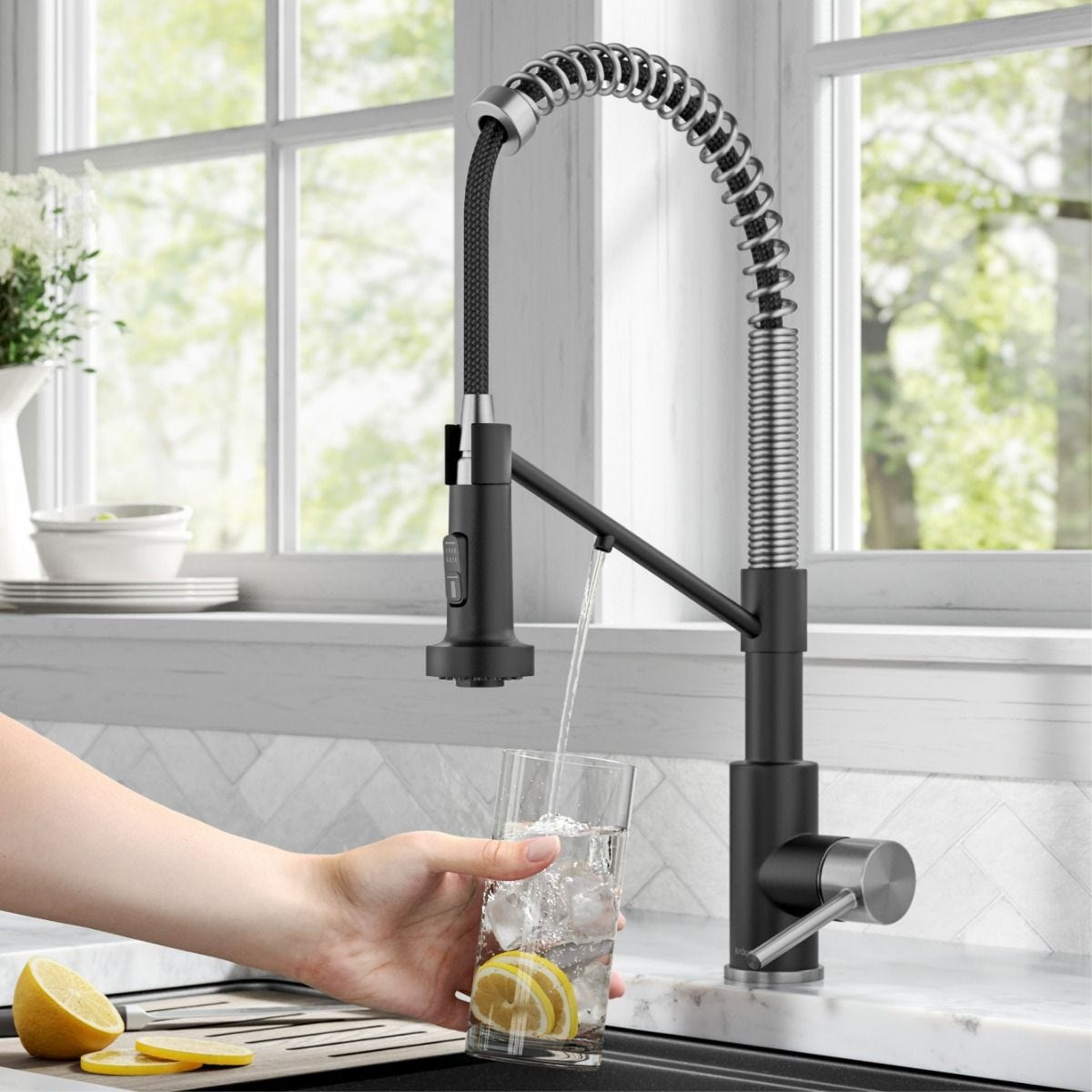 KRAUS Single Handle Kitchen Faucet with Integrated Dispenser for Water Filtration in Spot-Free Stainless Steel & Matte Black