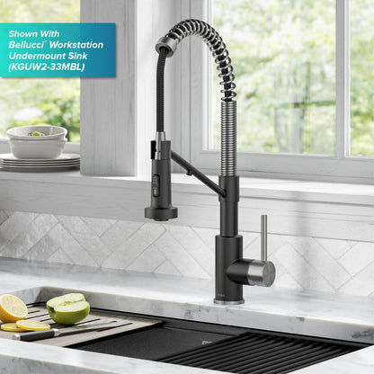KRAUS Single Handle Kitchen Faucet with Integrated Dispenser for Water Filtration in Spot-Free Stainless Steel & Matte Black