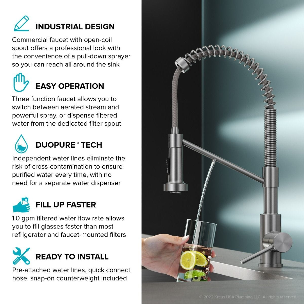 KRAUS Single Handle Kitchen Faucet with Integrated Dispenser for Water Filtration in Spot-Free Stainless Steel & Matte Black