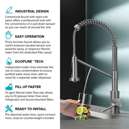 KRAUS Single Handle Kitchen Faucet with Integrated Dispenser for Water Filtration in Spot-Free Stainless Steel & Matte Black