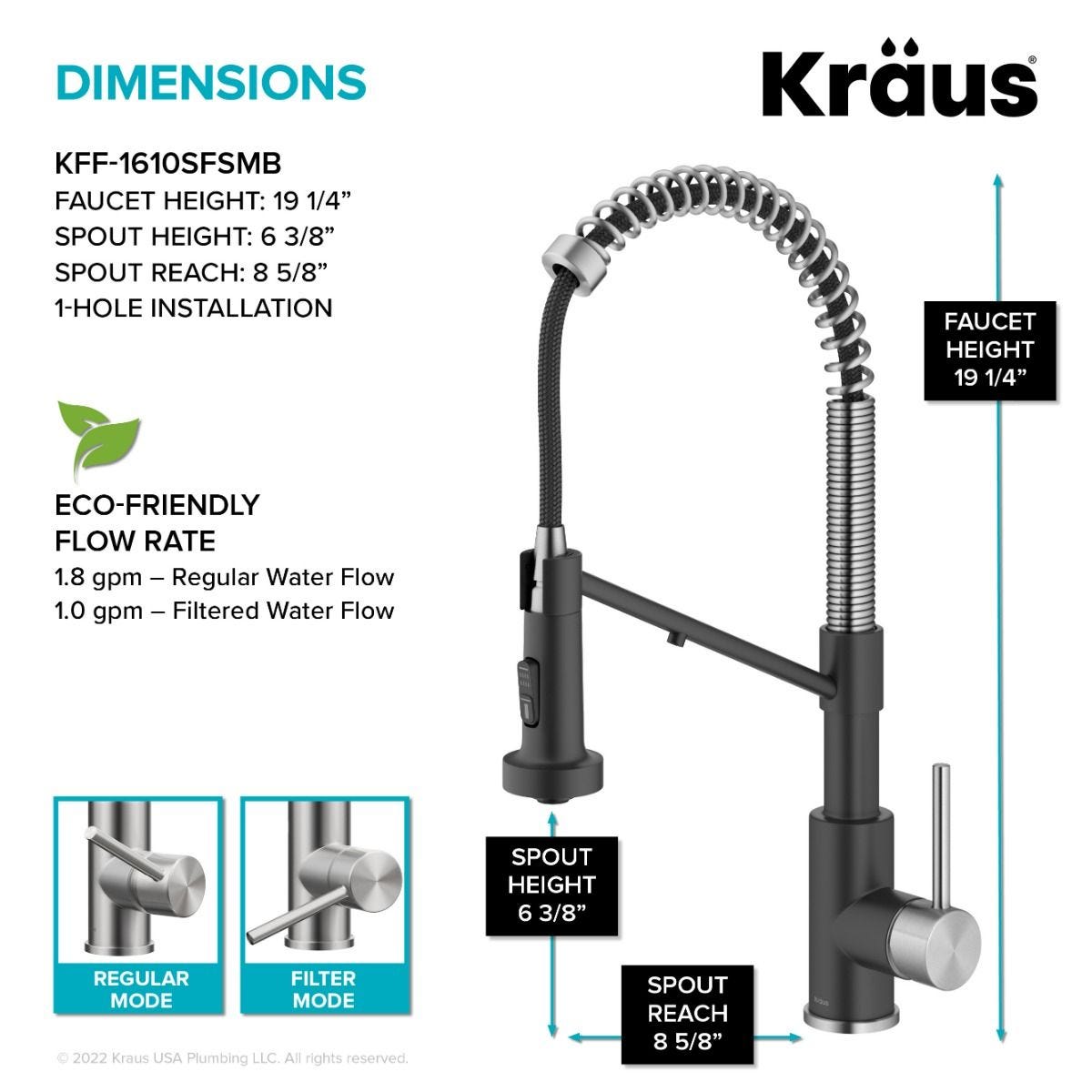 KRAUS Single Handle Kitchen Faucet with Integrated Dispenser for Water Filtration in Spot-Free Stainless Steel & Matte Black