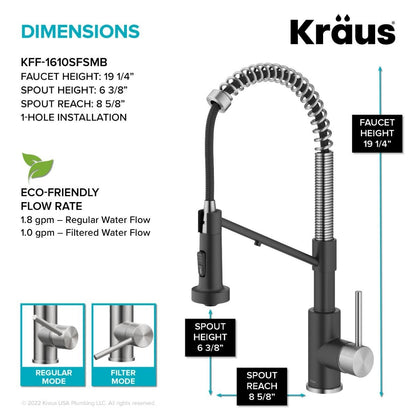 KRAUS Single Handle Kitchen Faucet with Integrated Dispenser for Water Filtration in Spot-Free Stainless Steel & Matte Black