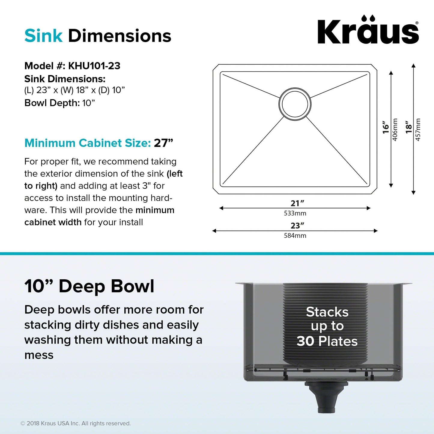 KRAUS Standart PRO 23" 16 Gauge Rectangle Undermount Single Bowl Stainless Steel Kitchen Sink - KHU101-23