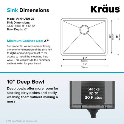 KRAUS Standart PRO 23" 16 Gauge Rectangle Undermount Single Bowl Stainless Steel Kitchen Sink - KHU101-23