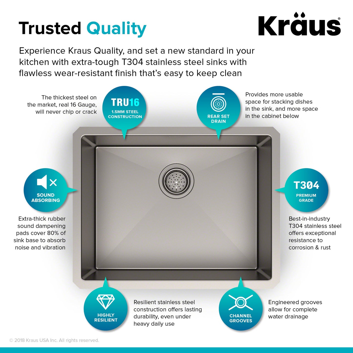 KRAUS Standart PRO 23" 16 Gauge Rectangle Undermount Single Bowl Stainless Steel Kitchen Sink - KHU101-23