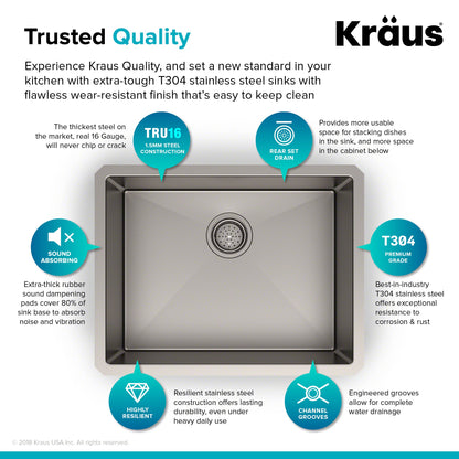 KRAUS Standart PRO 23" 16 Gauge Rectangle Undermount Single Bowl Stainless Steel Kitchen Sink - KHU101-23