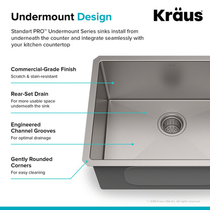 KRAUS Standart PRO 23" 16 Gauge Rectangle Undermount Single Bowl Stainless Steel Kitchen Sink - KHU101-23