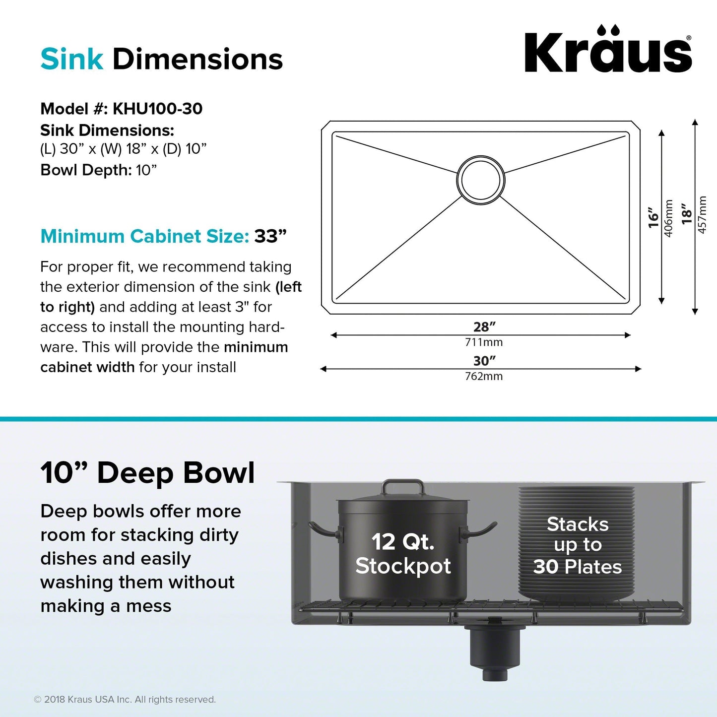 KRAUS 30" Undermount 16 Gauge Single Bowl Stainless Steel Small Radius Kitchen Sink - KHU100-30
