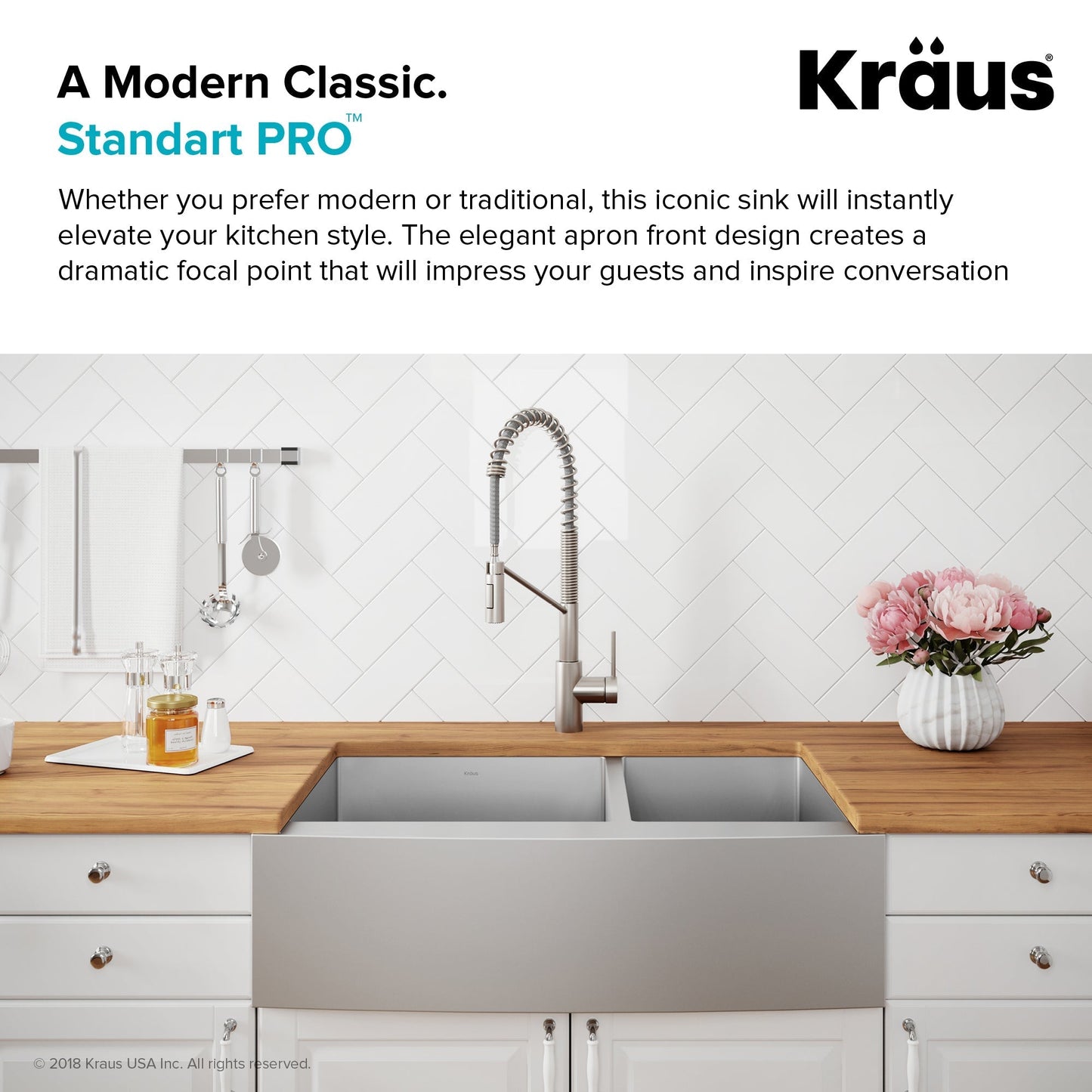 KRAUS Standart PRO 33" 16 Gauge 60/40 Double Bowl Stainless Steel Farmhouse Kitchen Sink - KHF203-33