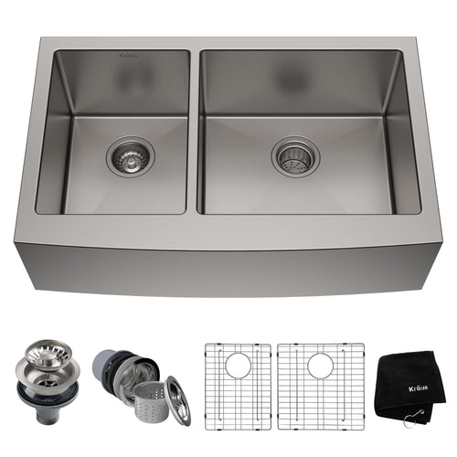 KRAUS Standart PRO 33" 16 Gauge 40/60 Double Bowl Stainless Steel Farmhouse Kitchen Sink in Stainless Steel - KHF204-33
