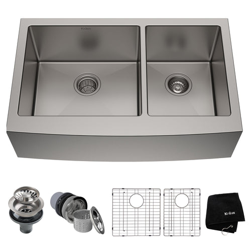 KRAUS Standart PRO 33" 16 Gauge 60/40 Double Bowl Stainless Steel Farmhouse Kitchen Sink - KHF203-33