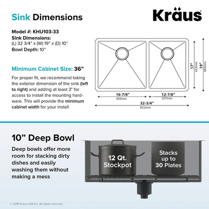 KRAUS Standart PRO 33" Undermount 60/40 Double Bowl Stainless Steel Kitchen Sink - KHU103-33