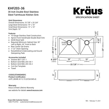 KRAUS Standart PRO 36" 16 Gauge 60/40 Double Bowl Stainless Steel Farmhouse Kitchen Sink - KHF203-36