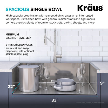 KRAUS Stark 33" Dual Mount Kitchen Sink and Pull-Down Commercial Kitchen Faucet Combo in Stainless Steel Finish