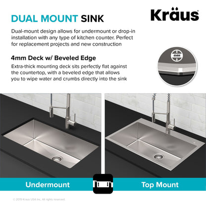 KRAUS Stark 33" Dual Mount Kitchen Sink and Pull-Down Commercial Kitchen Faucet Combo in Stainless Steel Finish