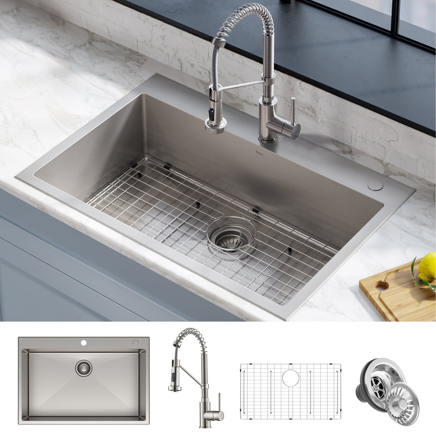 KRAUS Stark 33" Dual Mount Kitchen Sink and Pull-Down Commercial Kitchen Faucet Combo in Stainless Steel Finish