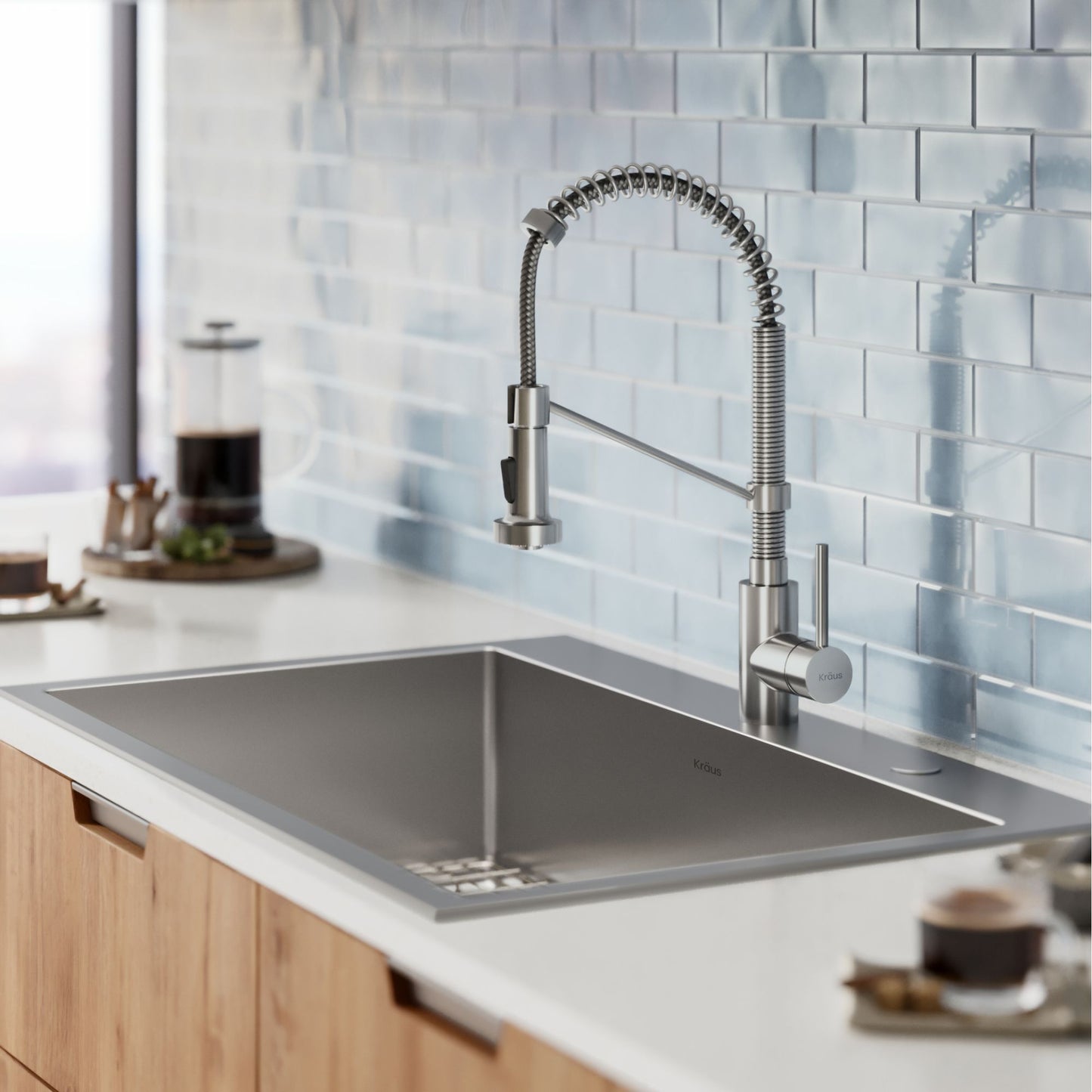 KRAUS Stark 33" Dual Mount Kitchen Sink and Pull-Down Commercial Kitchen Faucet Combo in Stainless Steel Finish