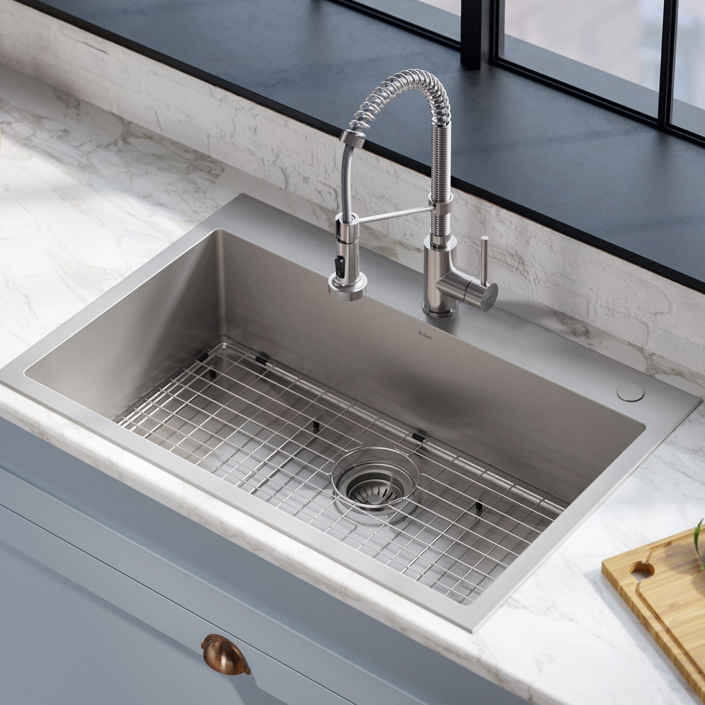 KRAUS Stark 33" Dual Mount Kitchen Sink and Pull-Down Commercial Kitchen Faucet Combo in Stainless Steel Finish