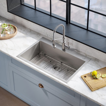 KRAUS Stark 33" Dual Mount Kitchen Sink and Pull-Down Commercial Kitchen Faucet Combo in Stainless Steel Finish