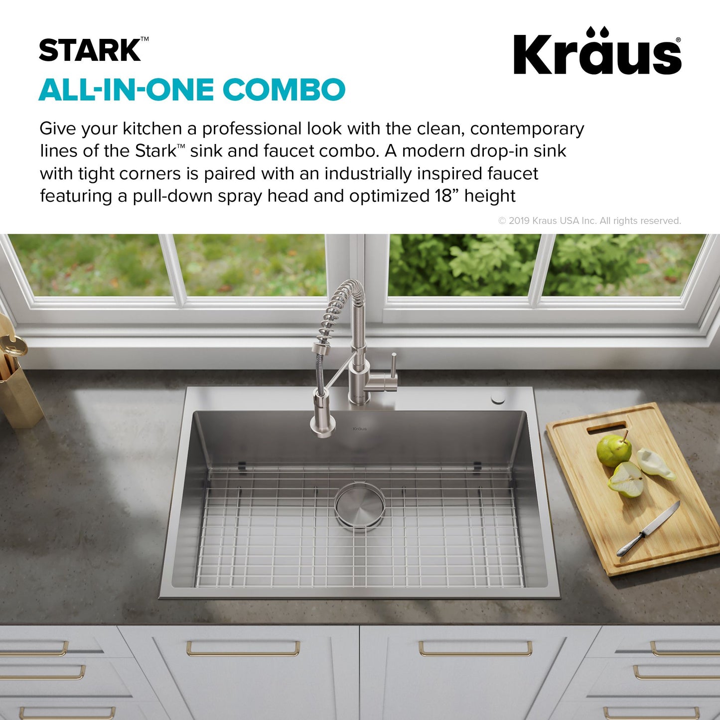 KRAUS Stark 33" Dual Mount Kitchen Sink and Pull-Down Commercial Kitchen Faucet Combo in Stainless Steel Finish