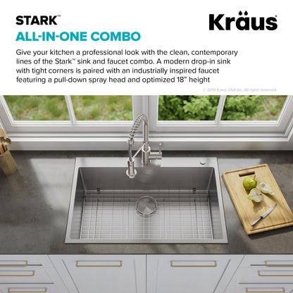 KRAUS Stark 33" Dual Mount Kitchen Sink and Pull-Down Commercial Kitchen Faucet Combo in Stainless Steel Finish