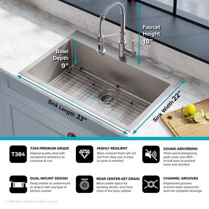 KRAUS Stark 33" Dual Mount Kitchen Sink and Pull-Down Commercial Kitchen Faucet Combo in Stainless Steel Finish