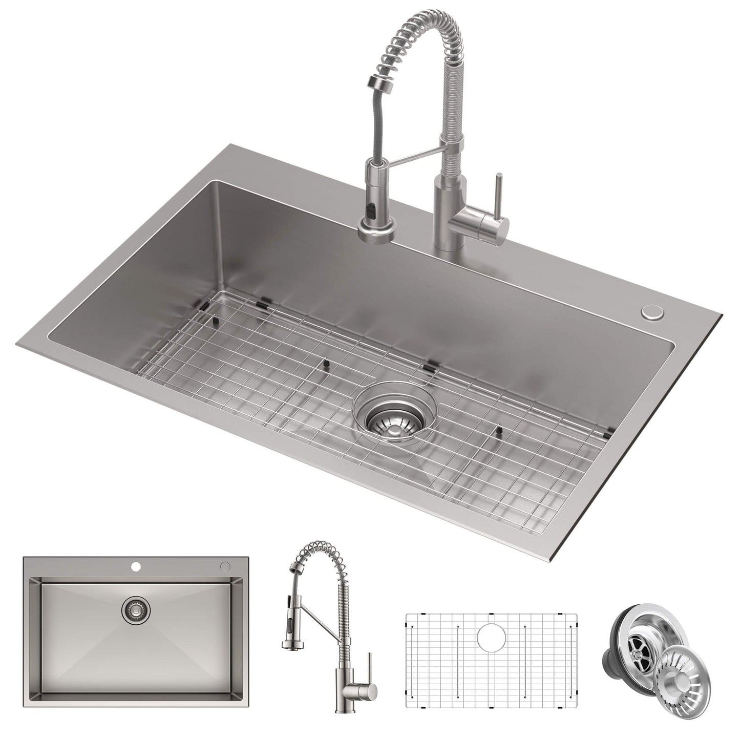 KRAUS Stark 33" Dual Mount Kitchen Sink and Pull-Down Commercial Kitchen Faucet Combo in Stainless Steel Finish