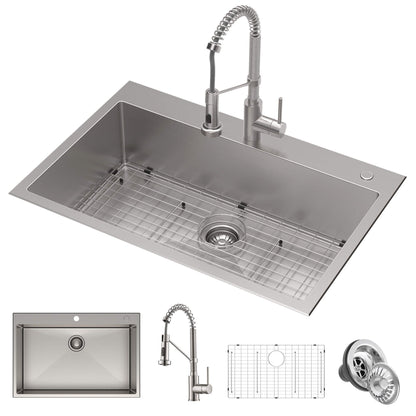 KRAUS Stark 33" Dual Mount Kitchen Sink and Pull-Down Commercial Kitchen Faucet Combo in Stainless Steel Finish