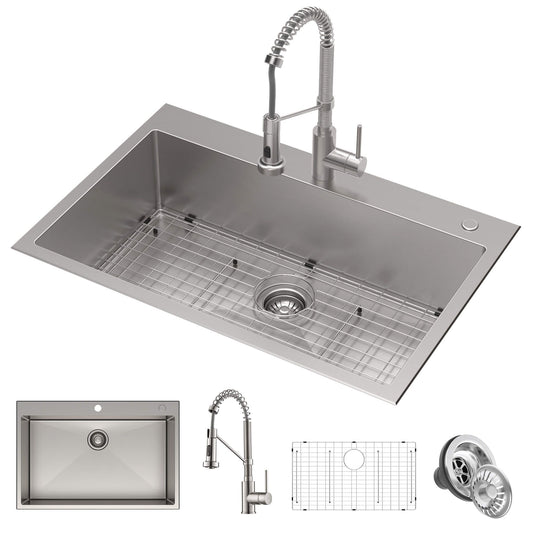 KRAUS Stark 33" Dual Mount Kitchen Sink and Pull-Down Commercial Kitchen Faucet Combo in Stainless Steel Finish