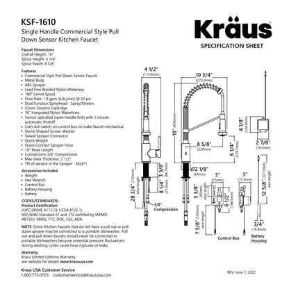 KRAUS Touchless Pull-Down Single Handle 18-Inch Kitchen Faucet in Spot Free Stainless Steel