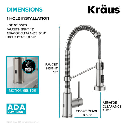 KRAUS Touchless Pull-Down Single Handle 18-Inch Kitchen Faucet in Spot Free Stainless Steel